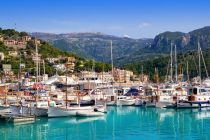 Port de Soller view with tramontana mountain in Mallorca island in Spain